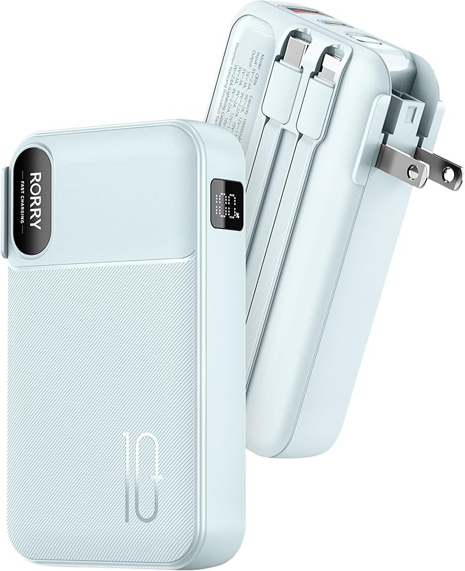 RORRY Portable Charger Built in Cables, AC Wall Plug in Portable Charger Power Bank 10000mAh Travel Battery Pack 22.5W Fast Charging for iPhone 17/16/15 Samsung Galaxy S25/S24/S23 Pixel LG iPad, Blue