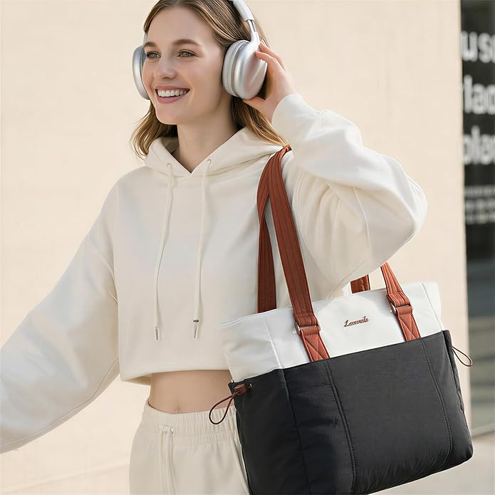 LOVEVOOK Tote Bag for Women, Puffy Work Tote with Large Cup Holder, Quilted Laptop Bag Travel Tote Shoulder Bag Handbag