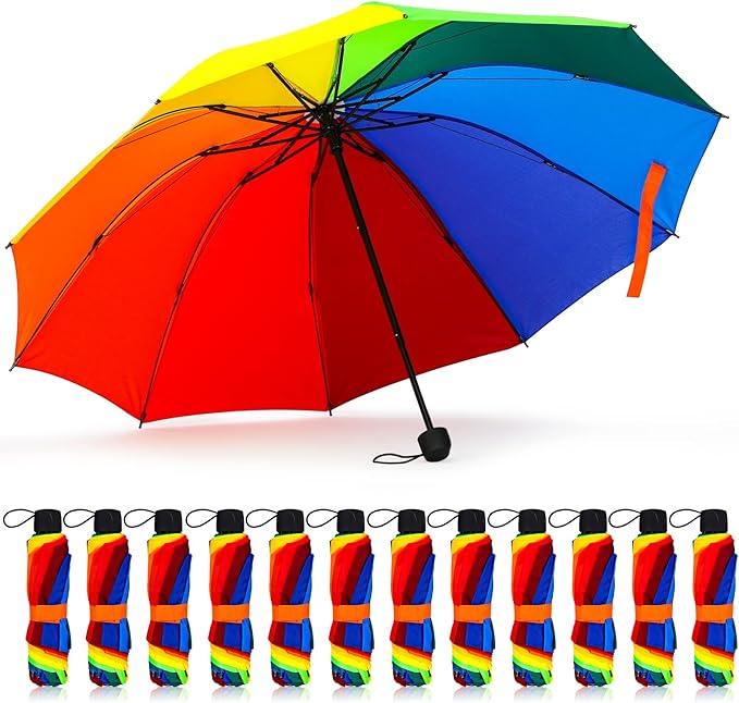12 Pc Rainbow Umbrella Portable Tri Folded Pride Umbrella Windproof Compact Rain Parasol for Travel Beach Wedding Party