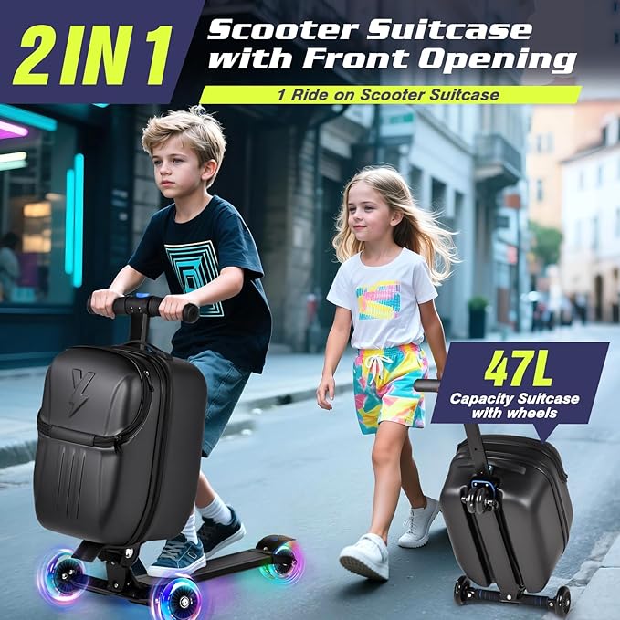 smilesun Foldable Ride On Scooter Suitcase with Front Opening, Lightweight Carry On Scooter Luggage for Adults, Teens & Kids（Black 20-inch）