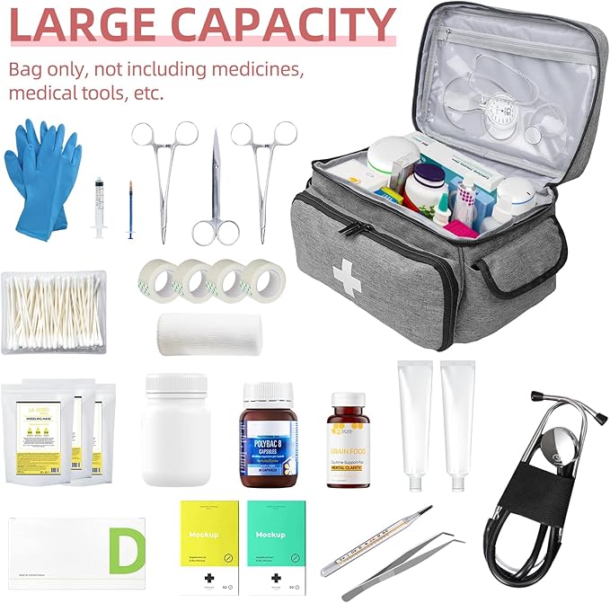 ALSLEA First Aid Bag Empty, Small Medicine Bag Portable Medical Supplies Organizer for Travel, Home, Office, Car, Outdoor, Camping, Hiking (Gray)