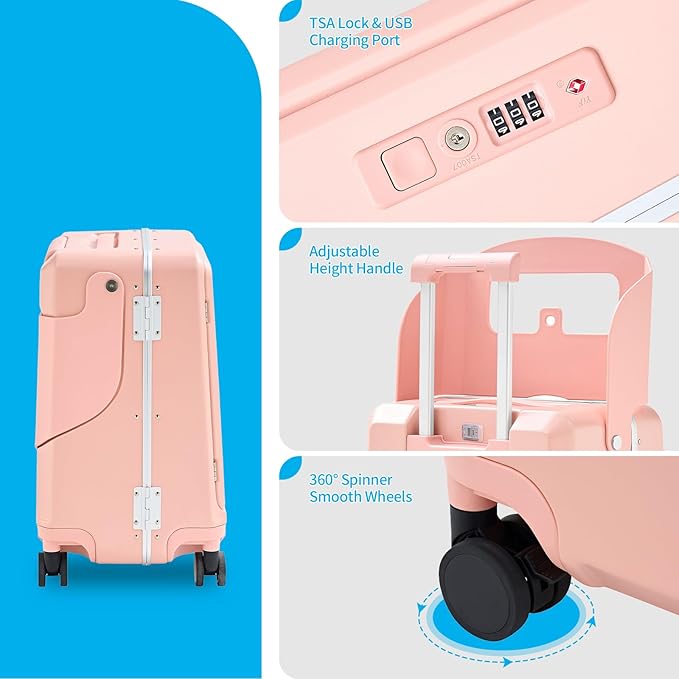 TABU 20" Ride on Luggage with Foldable Seat，Front-Opening Carry On Suitcase with Built-in USB & Type-C Port, TSA Lock and 360° Silent Spinner, for Kids & Adults, Pink