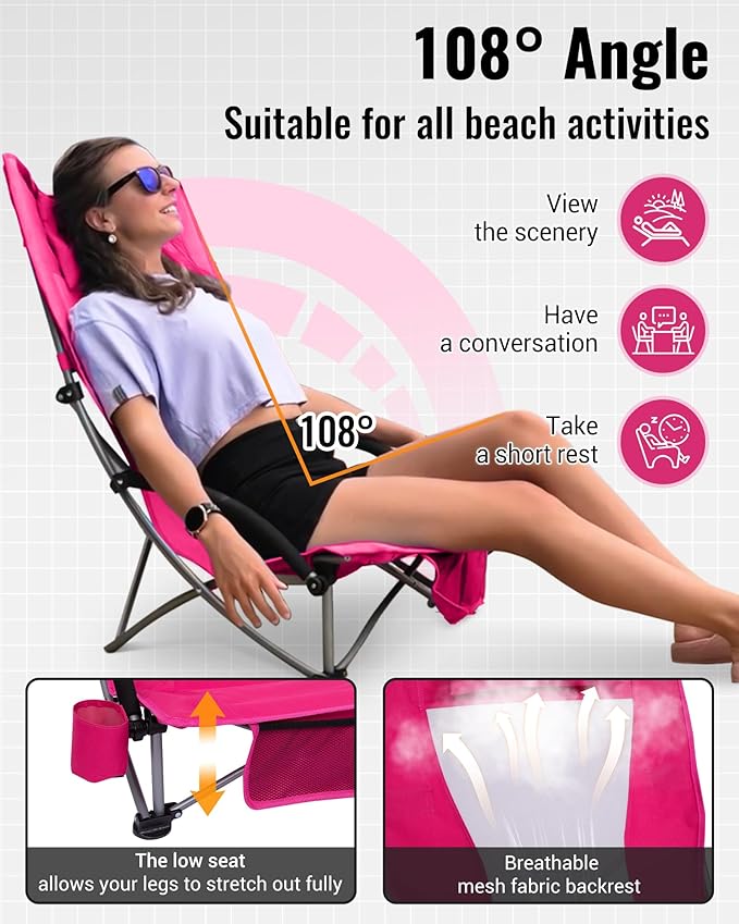 KingCamp Low Beach Chair, High Back Folding Camping Chair for Adults, Oversized Breathable Mesh Seat, 300lbs Heavy Duty Portable Chair with Cup Holder & Storage Pockets for Beach, Outdoor