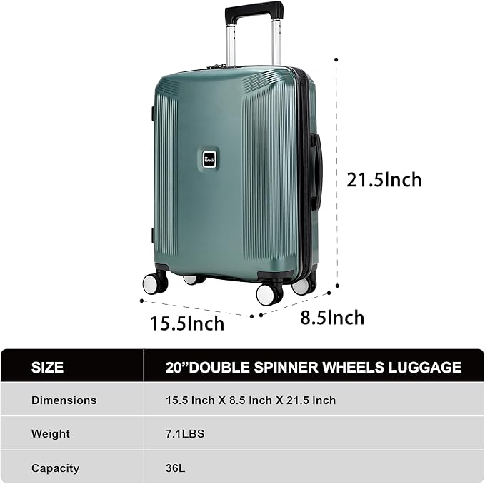 20 Inch Lightweight Expandable Carry On Luggage, PC Hardside Suitcase with Spinner Wheels & TSA Lock, Carry-on 20-Inch, Green