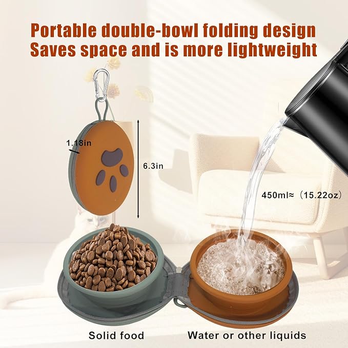 Collapsible Dog Bowls, 2-in-1 Silicone Pet Food and Water Bowl with Carabiner, Portable Double Compartment Dish for Travel, Camping, Hiking Puppy Essentials (Green Brown)