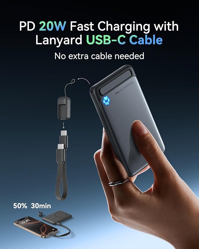 INIU Magnetic Portable Charger, Ultra Slim Qi2 Certified 5000mAh 20W Magnetic Power Bank, USB C in&Out Wireless Battery Pack with Foldable Stand, Phone Charger, Only for iPhone 16/15/14/13/12 Series