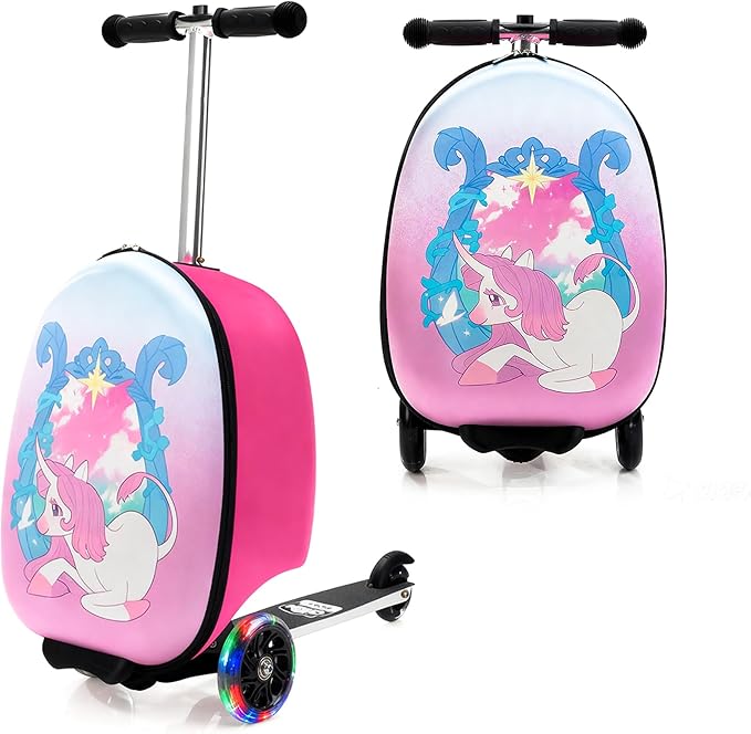 Scooter Suitcase for Kids, Ride on Luggage for Girls Aged 3-8, Scooter Luggage with LED Wheels