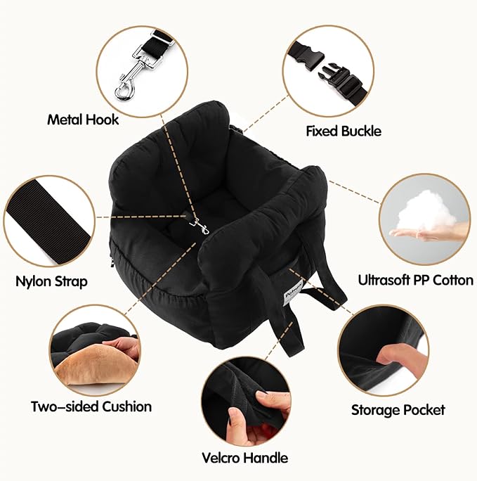 Dog Car Seat for Small Dogs, Portable Puppy Car Seat of Easy Installation, Fashionable Pet Carrier Bag with Large Pockets, Machine Washable Dog Booster Seat (Black)