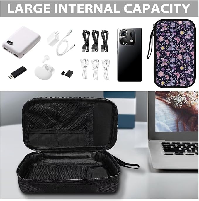 Purple Butterfly Electronic Organizer Cable Organizer Bag Travel Bag Cable Organizer Pouch Electronic Accessories Carry Case for SD Card Charger Phone Earphone Tech Pouch