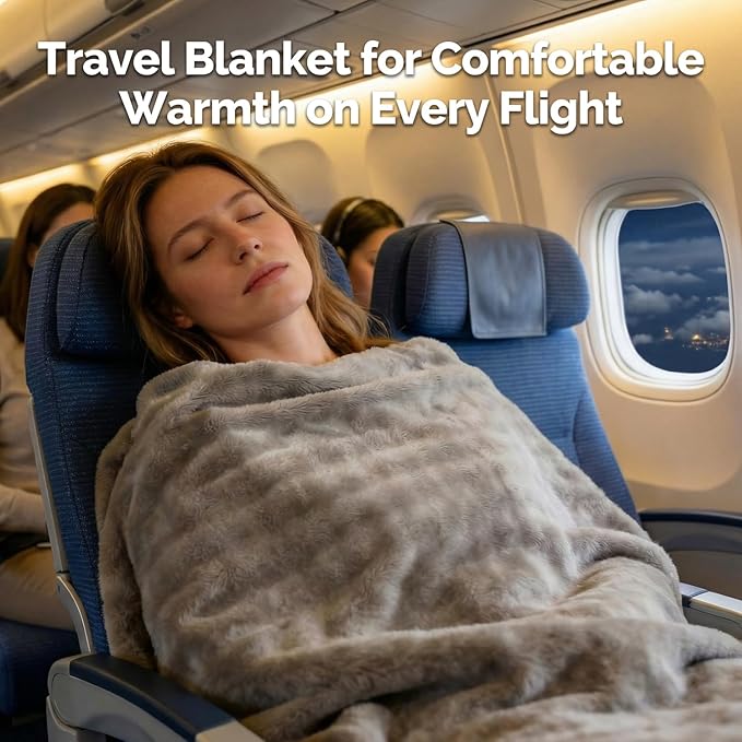 Gray Travel Blanket for Airplane, Soft Lightweight Flannel Blanket, Compact & Portable with Storage Bag, Luggage Strap & Clip, Cozy Travel Essential for Flights, Road Trips & More,40.7''×64.1‘’
