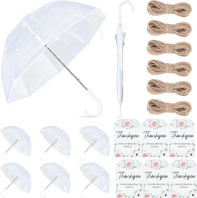 6 Pcs Clear Umbrella Wedding, Durable Transparent Rain Clear Umbrella Bulk with Wedding Thank You Cards for Wedding Bride Groom Photography Outdoor Anniversary Party Favors