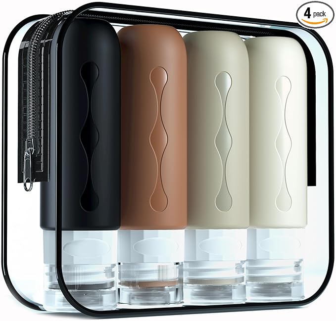 Gemice Travel Bottles for Toiletries, Tsa Approved Travel 3oz Size Containers with Clear Bag, BPA Free Leak Proof Travel Tubs Refillable Liquid Travel Accessories for Cometic Shampoo Lotion (4 Pack)