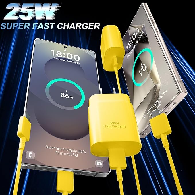 USB C Android Charger Fast Charging Cord, Super Fast Phone Chargers 10FT C to C Type Cable with 25W USBC Wall Block for Samsung Galaxy S26 S25 S24 Ultra Plus/S23/S22/S21/S20/Note 20/10, Yellow