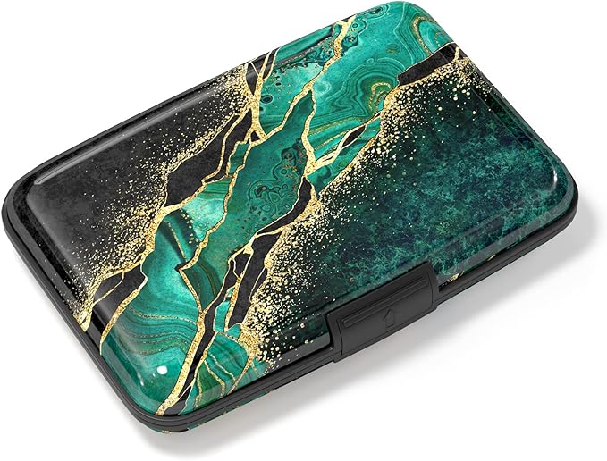 Credit Card Holder, Mini Aluminum Card Wallet RFID Blocking Slim Metal Hard Card Case for Women Men, Green Black Marble