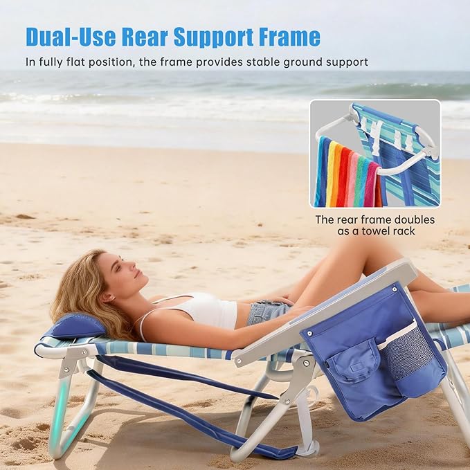 SUNNYFEEL Low Beach Chair, 5-Position Lay Flat Reclining, Backpack Portable Folding Chair with Cooler Bag & Cup Holder, Heavy Duty 350 LBS, Compact for Beach, Camping, Travel