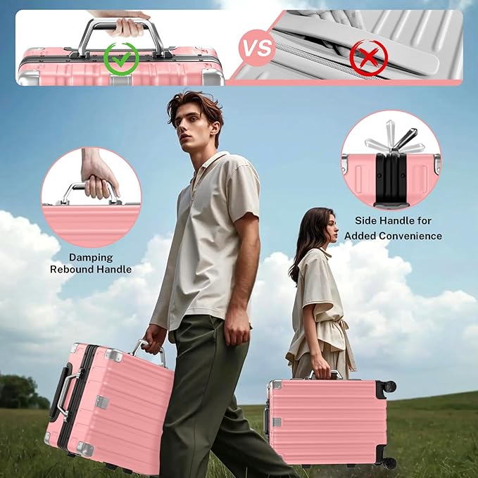 Krute Carry On Luggage 20 inch Aluminum Frame Luggage with Spinner Wheels Hardshell No Zipper PC+ABS TSA Lock Zipperless Suitcases Pink