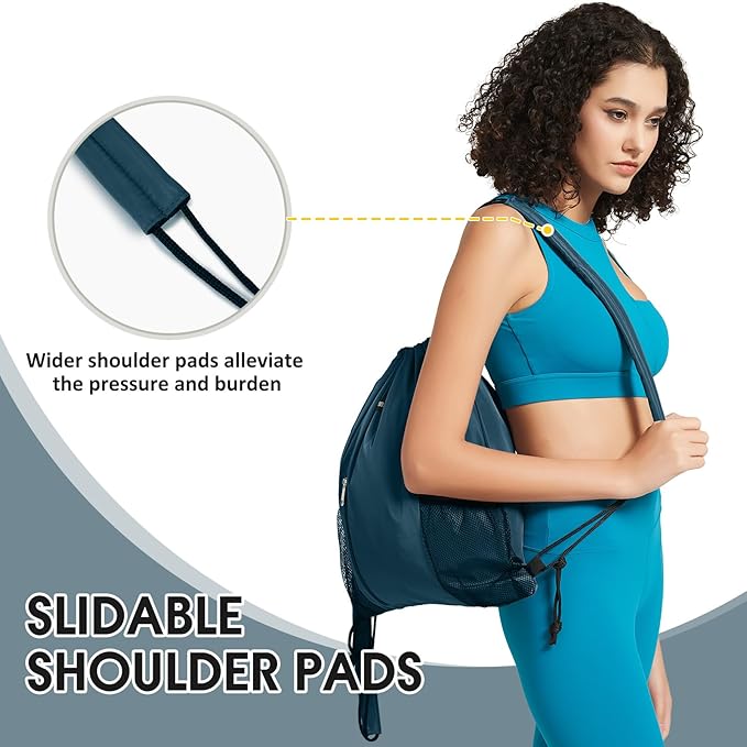 WANDF Drawstring Backpack with Shoulder Pad Sports Gym Backpack with Mesh Pocket String Bag for Women Men (Blue-Green)
