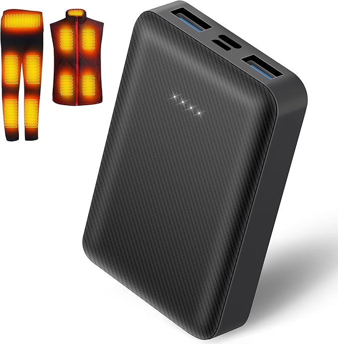 CYCYHEAT 10000mAh Battery Pack for Heated Vest Jacket Coat Pants and Heating Underwear, 5V2A Heated Clothing Replacement Battery Pack (Black, 5V2A USB Port 10000mAh)