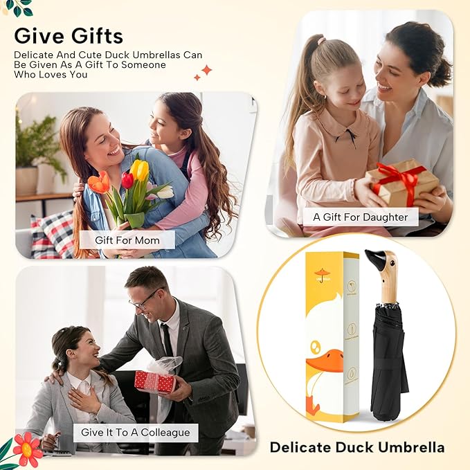 Compact Small Umbrellas for Rain&Sun, Cute Design Duck Head Umbrella for Girls Gifts, 8 Ribs Folding Umbrella with Wooden Handle