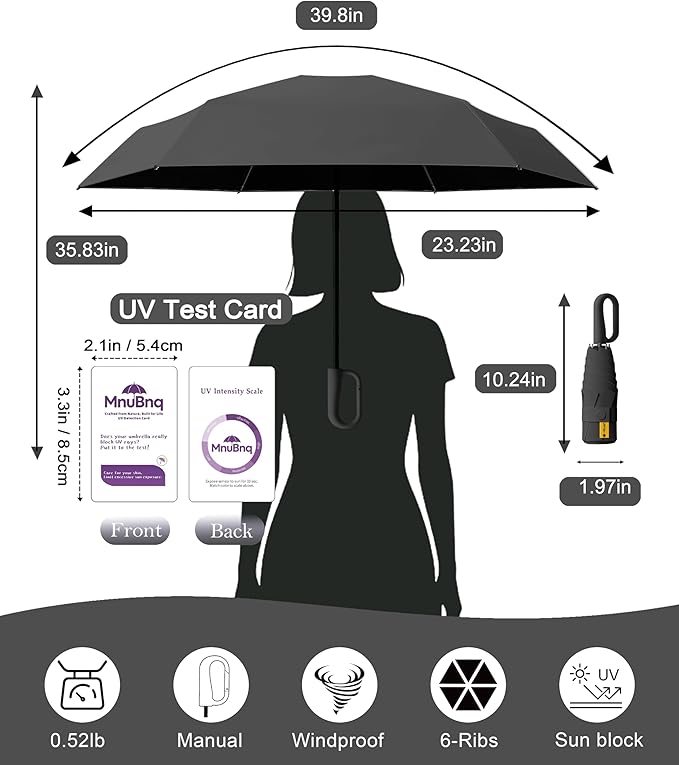 Mini Travel Umbrella with Carabiner Handle UPF 50+ Sun & Rain Protection Portable Manual Open Close Windproof Umbrella Small Compact Portable Parasol for Commuter Kids Women Men