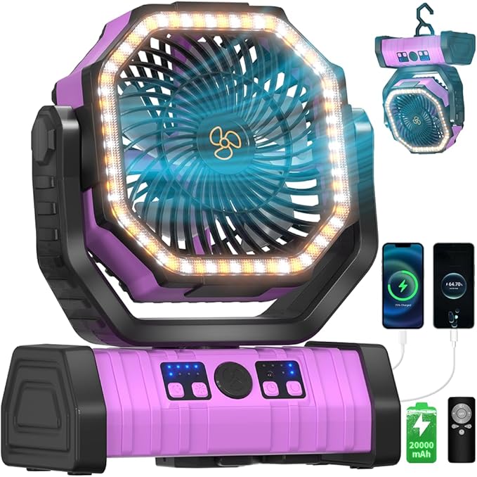Battery Operated Portable Camping Fan Battery Powered Outdoor Tent Fan with LED Lantern Light 20000mAh Rechargeable, Oscillating, 360° Rotating Hanging Hook, Cordless USB Desk Fan(Pink)