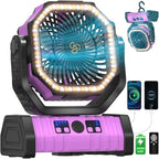 Battery Operated Portable Camping Fan Battery Powered Outdoor Tent Fan with LED Lantern Light 20000mAh Rechargeable, Oscillating, 360° Rotating Hanging Hook, Cordless USB Desk Fan(Pink)