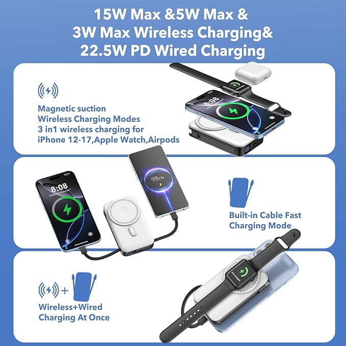 Magnetic Portable Charger 10000mAh for iPhone with Built-in Cables and Wall Plug,Wireless Power Bank with iWatch Charger,LCD Display 22.5W Fast Charging Battery Pack for iPhone 16/15/14/13/12 (White)