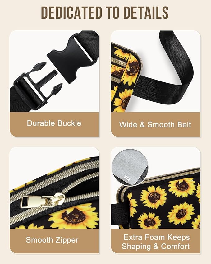 Capolo Fanny Packs for Women Fashion Waist Packs Bag with Adjustable Strap and 4 Zipper Pockets Waterproof Everywhere Crossbody Belt Bag for Workout Running Travelling(Sunflower, Large)