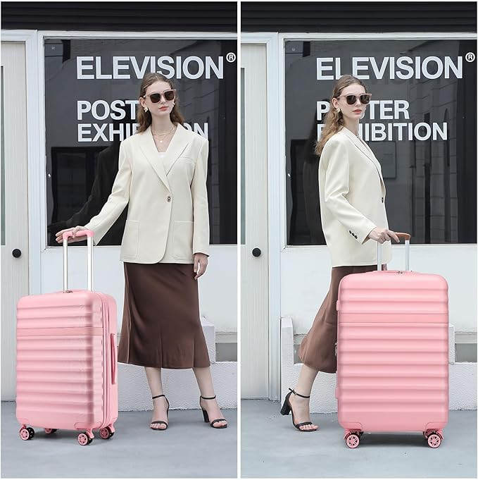 Kono Expandable 28 Inch Large Checked Luggage: ABS+PC Hardside Trolley Travel Case - Hard Shell Suitcase with TSA Lock, Cream/Pink