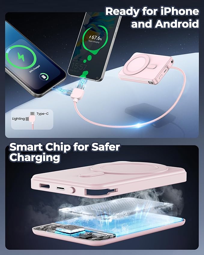 golioklsy Portable Charger Power Bank, 10000mAh Phone Charger with Built-in Cable, 20W PD Fast Charging, Slim Battery Pack with LED Display, Travel Essential for iPhone 17/16/15/14 All Series, Pink