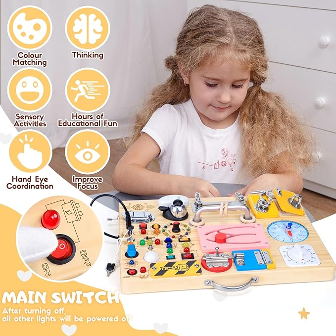 Busy Board with 13 LED Light Switches and 12 Activity, Montessori Toys for Toddlers, Wooden Toy Sensory Activity Board, Travel Toys for 1+ Year Old Boy & Girl Birthday Gift (25 in 1 Busy Board)