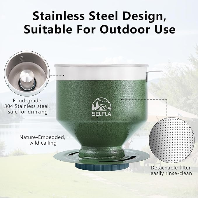 Stainless Steel Pour Over Coffee Filter, Reusable Dripper for Insulated Mugs, Paperless Coffee Maker for Hiking, Camping & Outdoor Adventures, Rinse-clean & Portable - Green