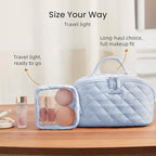 LOVEVOOK Travel Makeup Bag for Women, 2Pcs Puffer Waterproof Cosmetic Organizer, Large Capacity Pouch Open Flat Small Toiletry Bag with Brush Compartment & Handle (Blue, Large)