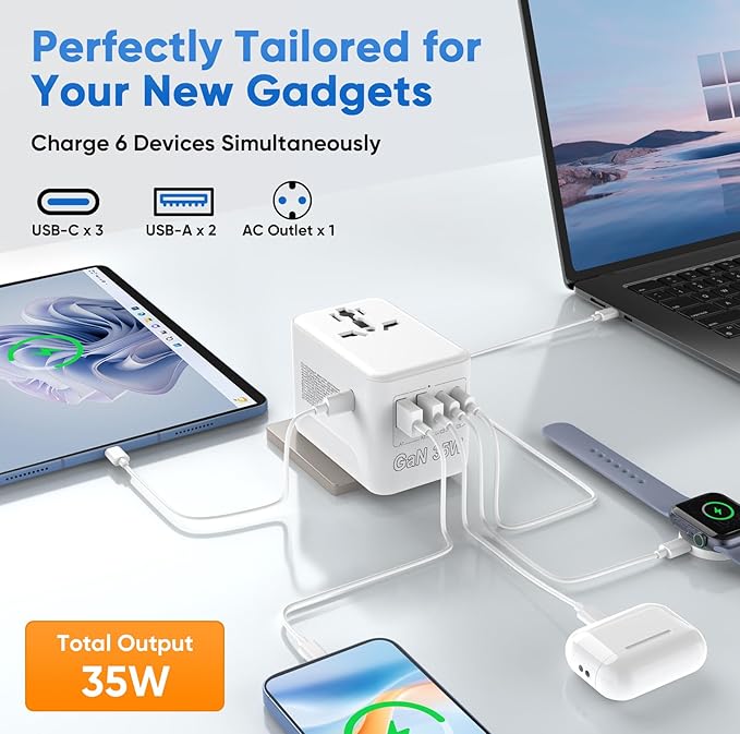 Universal Power Adapter Travel - European Travel Plug Adapter with 3 USB-C PD Fast Charging & 2 USB-A, 1 AC, Worldwide Travel Essentials, International Plug Adapter for UK/US/AU/ID, White