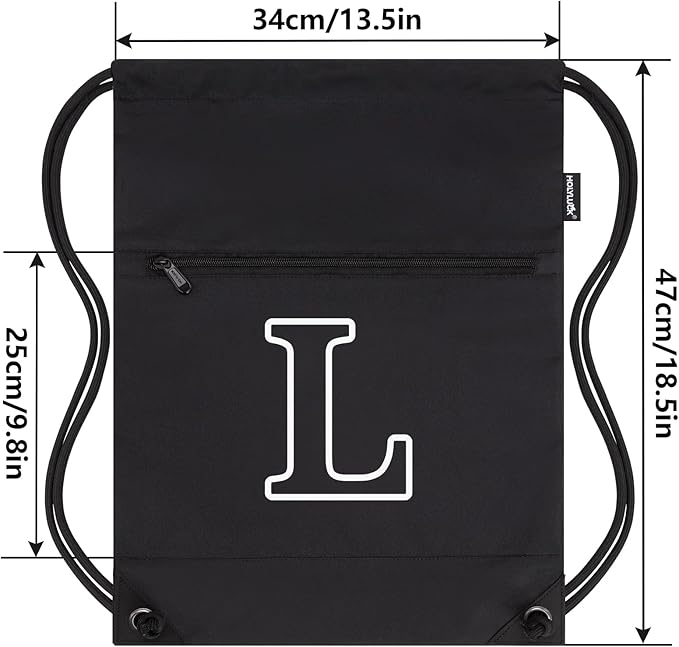 HOLYLUCK Drawstring Bags Initial Backpack Sackpack Cinch Bags for Sports, Gym, Travel, Beach (Black-L)