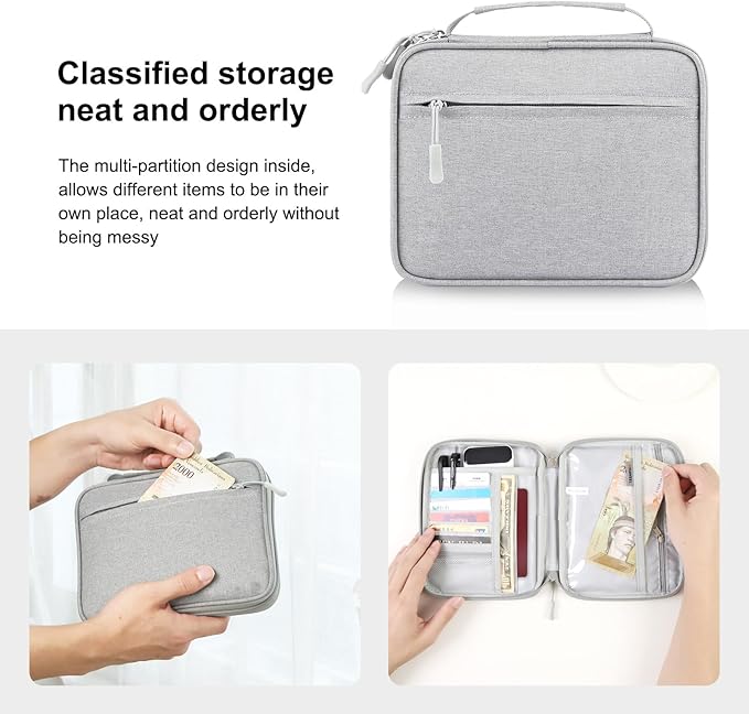 RFID Blocking Travel Wallet, RFID Passport Wallet for Women/Men,Tote Passport Holder for Travel Family, Waterproof Passport Holders Bag,Travel Document Organizer Credit Cards Case(Grey-Large)