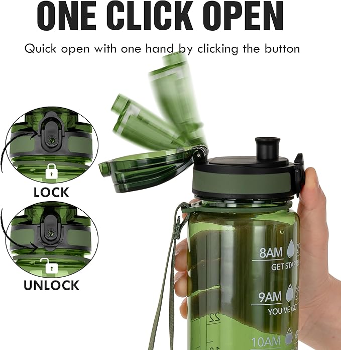 OLDLEY Water Bottle 32oz, Durable and Leakproof Water Bottles Motivational with Time Marker,Tritan,BPA Free, Gym,Travel, Home,School,Office, Anniversary Birthday Gifts for Men Women,Olive (1 Bottle)