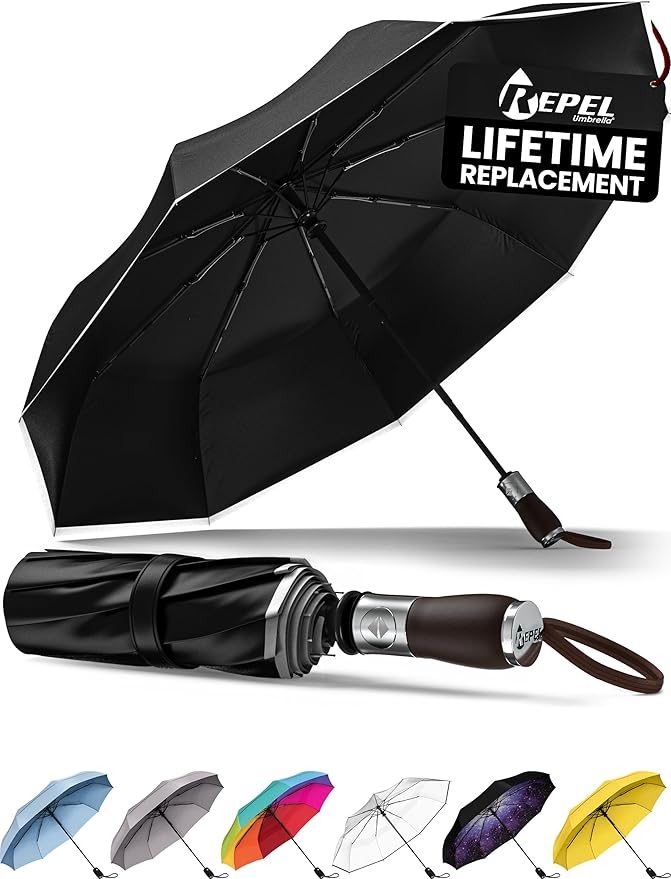 Repel Windproof Travel Umbrella - Compact & Withstands Winds up to 100MPH , Strongest Premium Auto Folding Umbrella for Rain and Sun - Durable, Light & Portable for Women & Men , Fits Backpack & Cars
