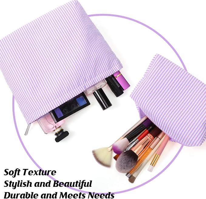 Huhumy 2 Pcs Makeup Bag Set Cute Cosmetic Pouch for Women Seersucker Travel Toiletry Bag Preppy Small Makeup Purse Pouch Aesthetic Skincare Brushes Storage Organizer for Valentine Women(Purple)