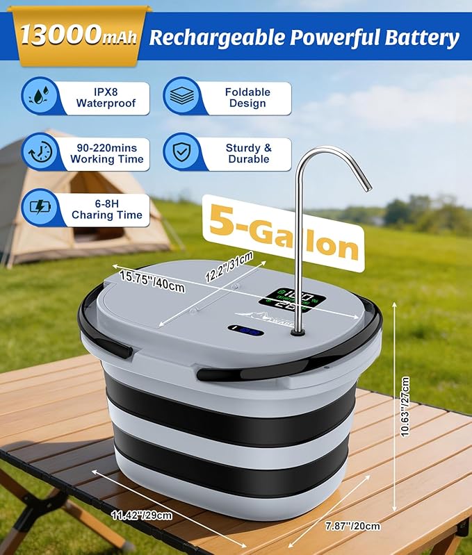 WADEO Portable Shower for Camping with 20L Bucket, 13000mAh Rechargeable Camping Shower with Intelligent LED Display & °F/°C Switch, 5 Speeds Modes, IPX8 Waterproof Portable Shower for Hiking, Travel