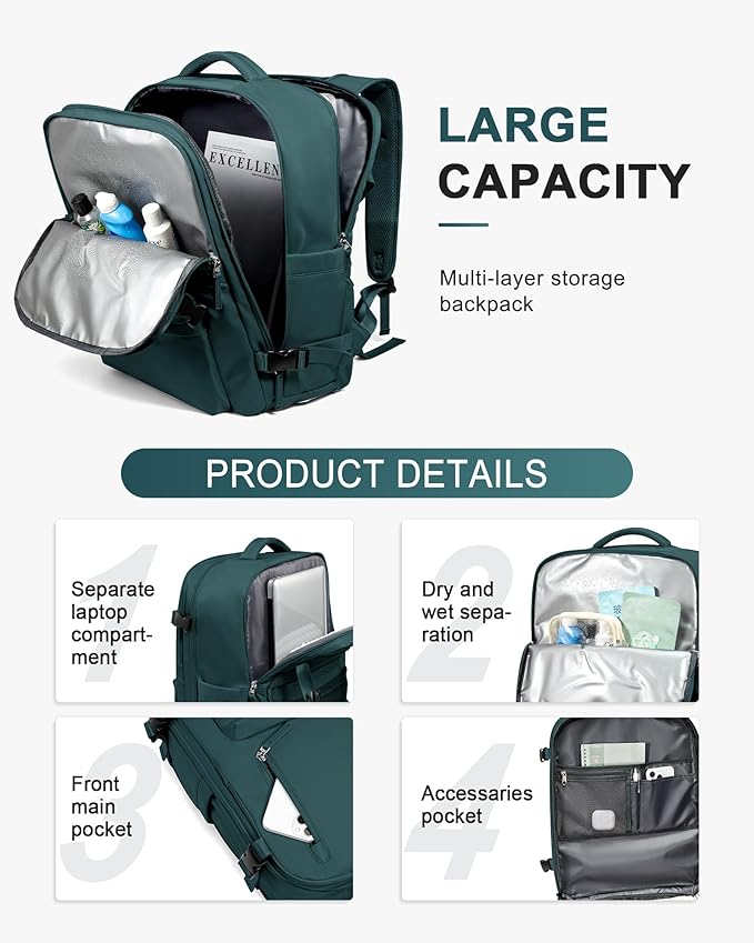 WONHOX Large Travel Backpack Women,Carry On Backpack Flight Approved 18x14x8 inches Bag Spirit Airlines Personal ltem,College Sports Hiking Rucksack Laptop Blackpack mochila de viaje,PeacockBlue