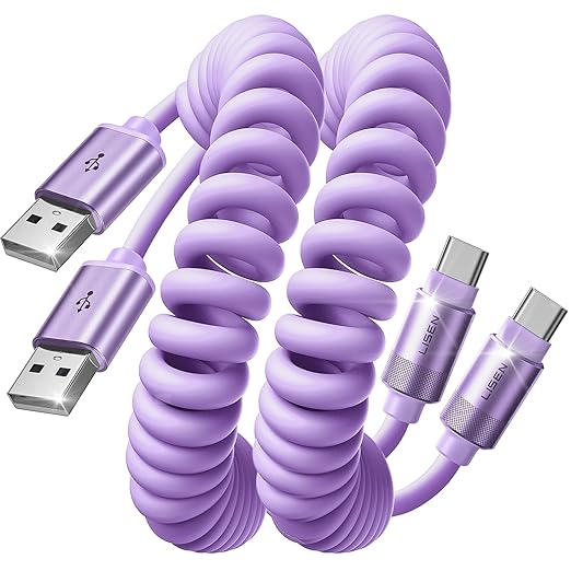 LISEN Coiled USB C Cable, 2 Pack for Android Auto & CarPlay Cable, Short USB A to USB C Cable Compatible with iPhone 17/16/15, Samsung Galaxy S25/S24/S23 A15/A14, Google Pixel 9/8, Purple 4FT