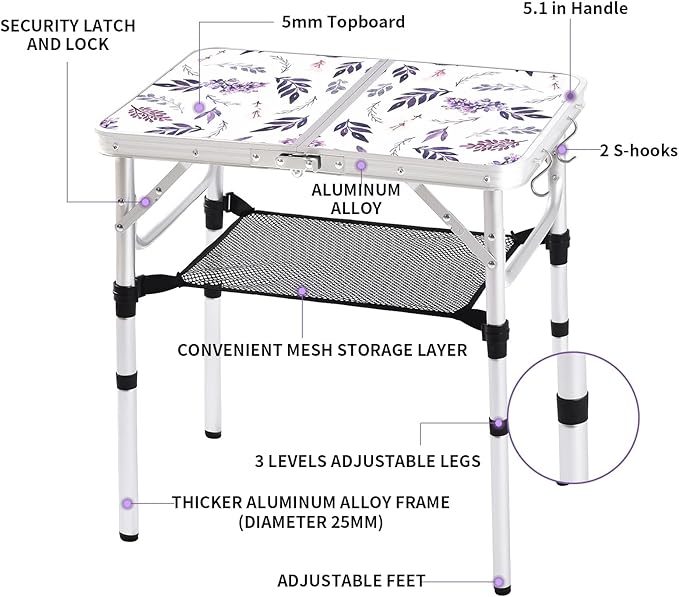 Yriuat Folding Camping Table 2ft Portable Pinic Table Adjustable Height Small Card Table Aluminum Foldable Lightweight with Carry Handle for Outdoor Indoor Hiking Camp BBQ Beach (Misty Lilac)