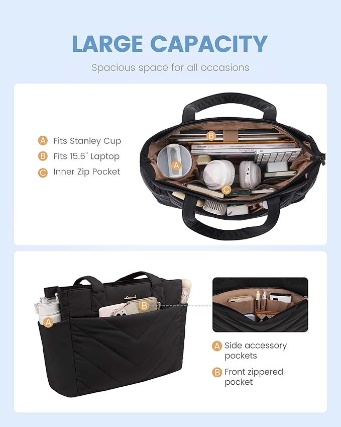 LOVEVOOK Tote Bag for Women, Puffer Work Travel Handbag with Zipper for Teacher Nurse, Quilted Cute Laptop Shoulder Gym Bag