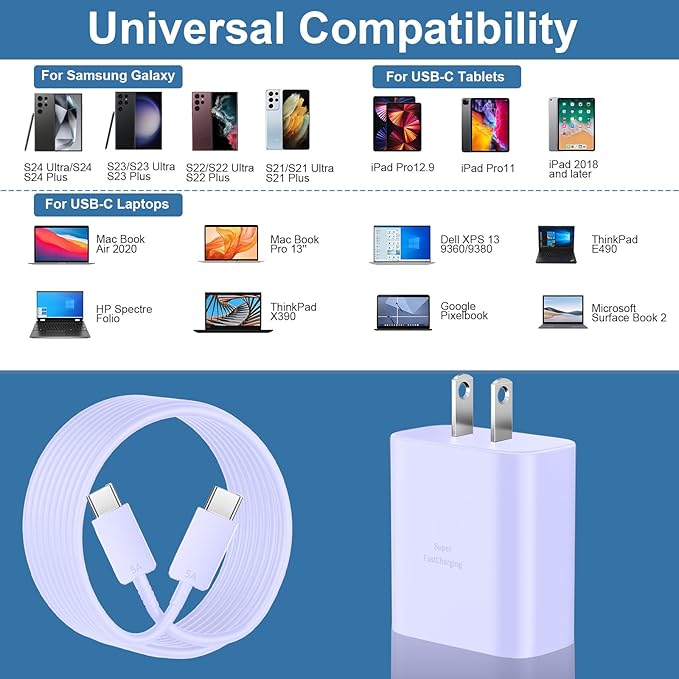 USB C Charger Block, 45W Super Fast Charger with 10FT Cable for Samsung Galaxy S26 S25 S24 S23 Ultra/S26 S25 S24 S23 S22 S21 S20/Note 10/20, PPS Android Phone Charger-Purple