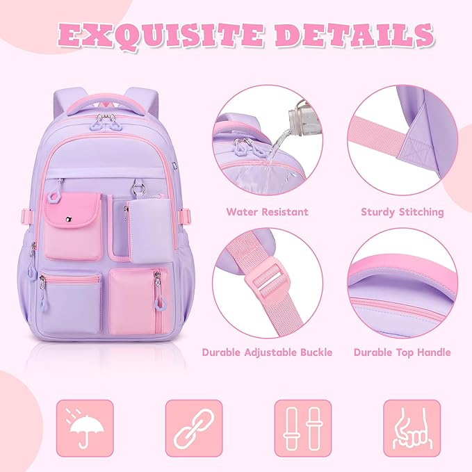 Kids Backpack, Backpack for Girls for Elementary School Multiple Pockets Ages 6-10(Purple)
