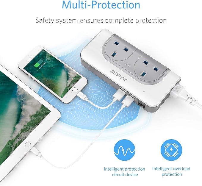 BESTEK 200W Voltage Converter 100V to 240V with 4-Port USB Charging All World Contries to US Travel Charger (White)