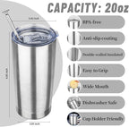 20 oz Tumbler with Lids and Straws, Stainless Steel Insulated Travel Coffee Mug, Double Wall Vacuum Insulated Tumblers, Powder Coated Coffee Tumbler for Cold & Hot Drinks (Silver)
