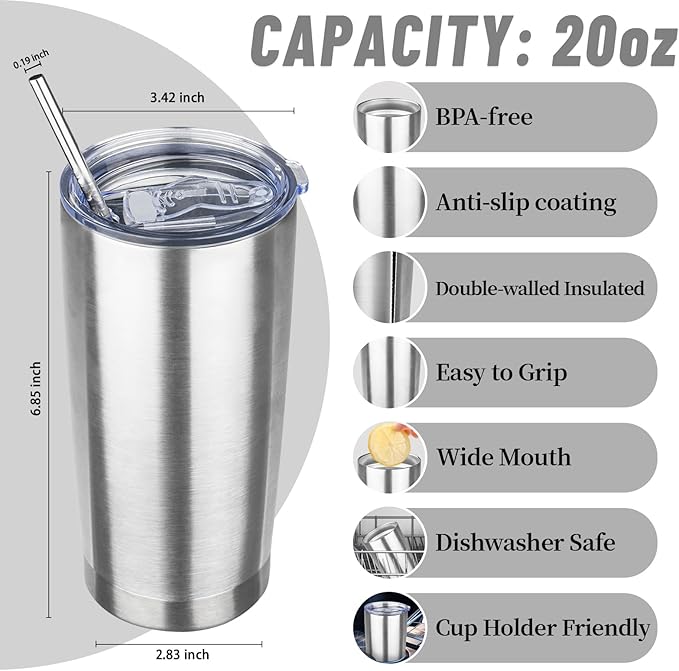 20 oz Tumbler with Lids and Straws, Stainless Steel Insulated Travel Coffee Mug, Double Wall Vacuum Insulated Tumblers, Powder Coated Coffee Tumbler for Cold & Hot Drinks (Silver, 4pack)