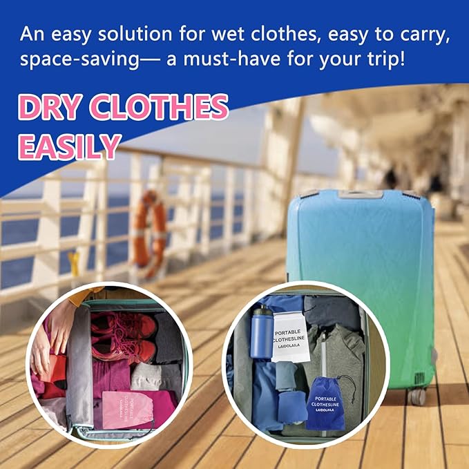 Magnetic Retractable Clothes Line for Cabin - Approved 2025 2026 Cruise Essentials Clothes Drying Rack Travel Clothesline with Clothespins -4 Luggage Tags Strong Magnets Hooks (White)